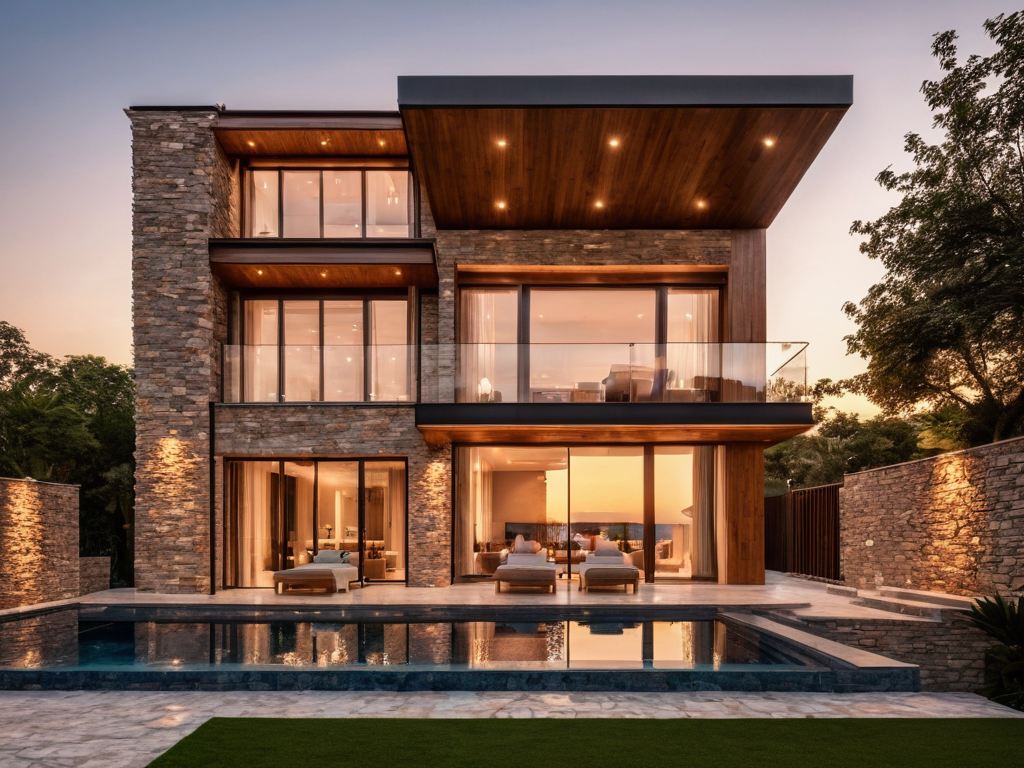Exterior render of a modern villa with a pool at sunset